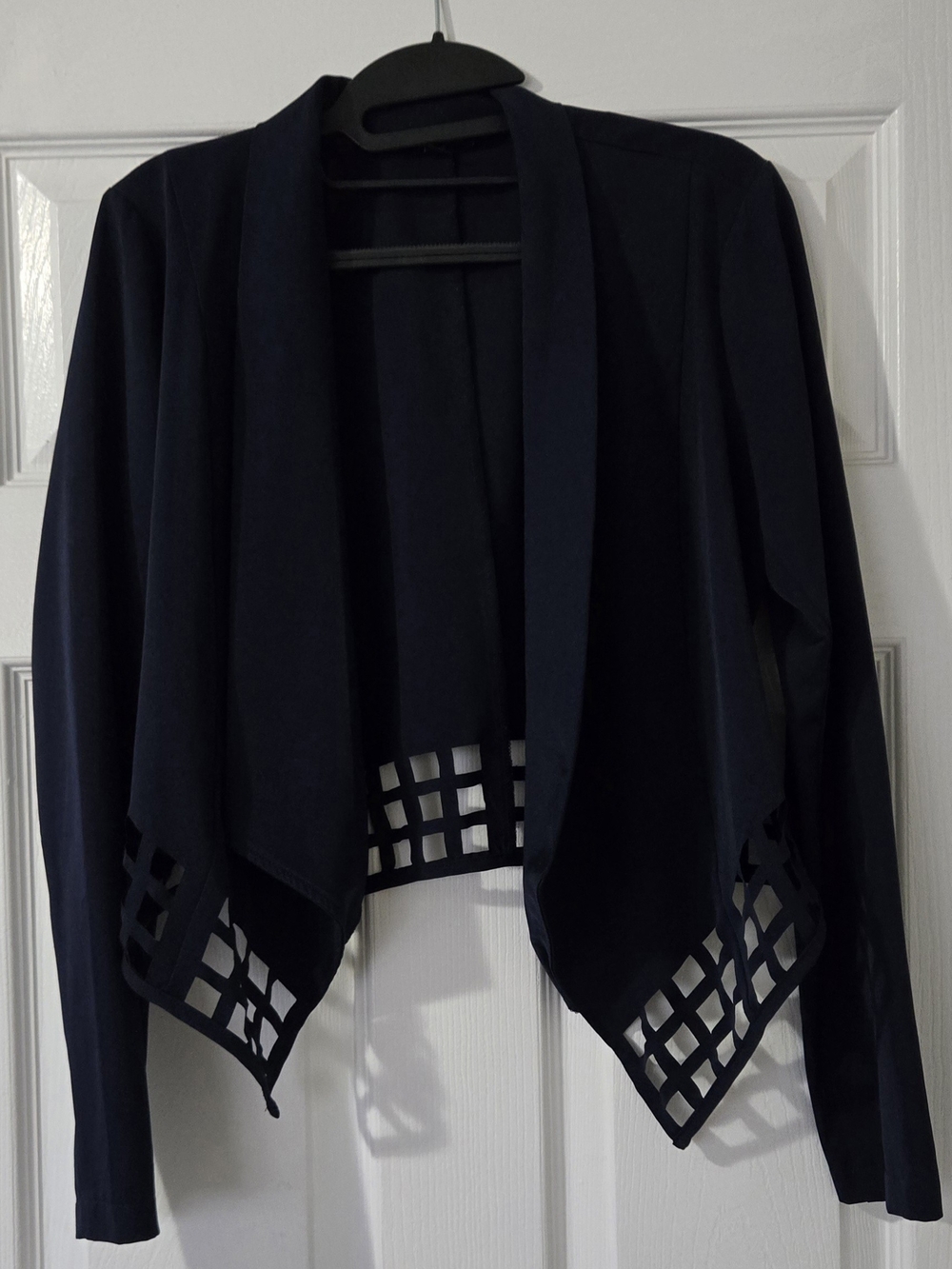 Shinestar Navy Open-Front Cutout Hem Cropped Blazer